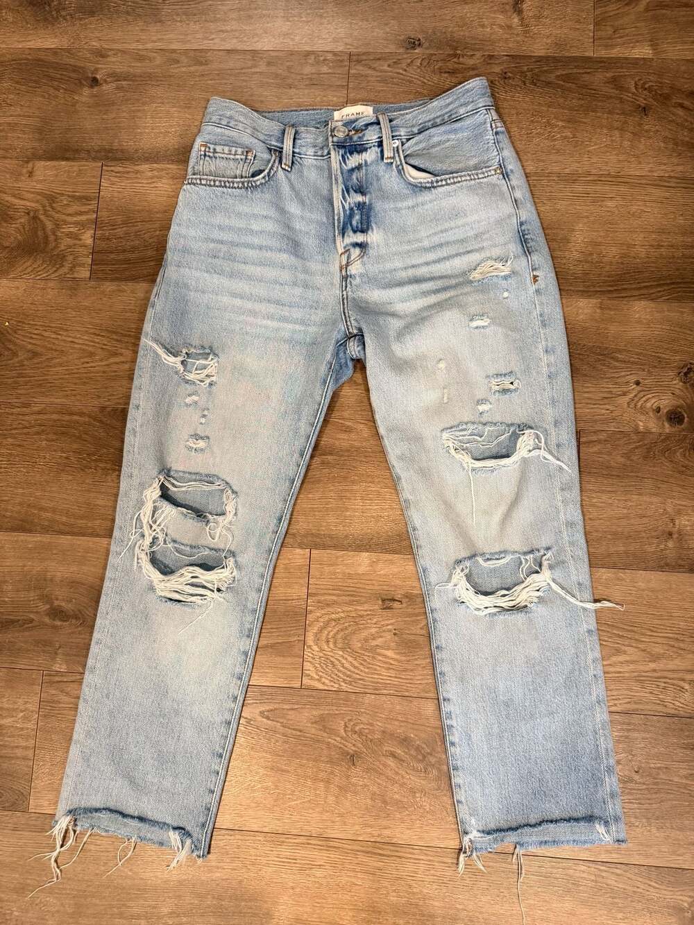 FRAME women’s Distressed Crop Straight Leg Button Fly Jeans Size 25